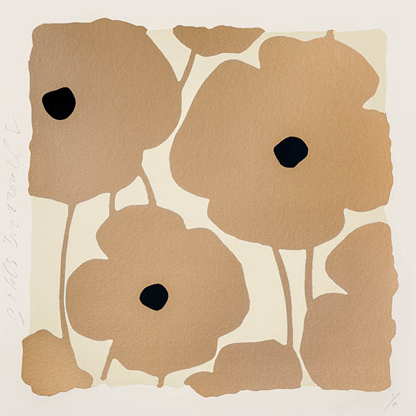 "Three Poppies (Golds)" color silkscreen with enamel inks, flocking and tar-like texture on Rising 4-ply museum board print by artist Donald Sultan