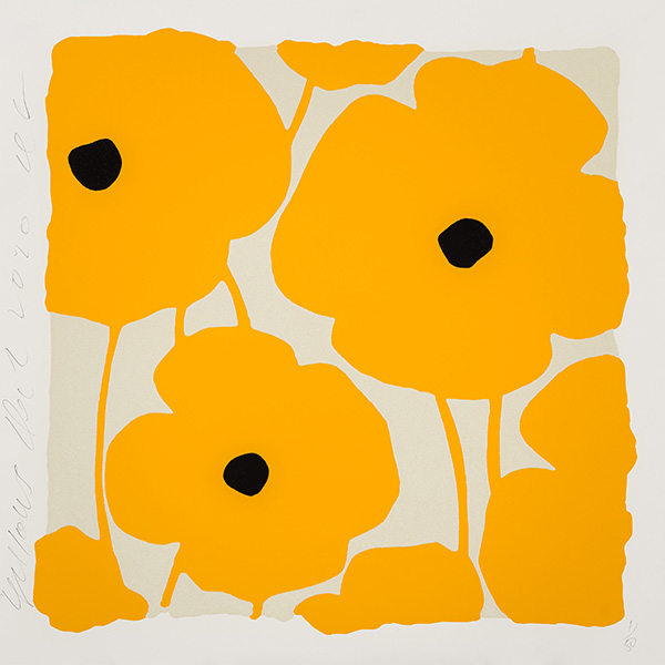 "Three Poppies (Yellows)" color silkscreen with enamel inks, flocking and tar-like texture on Rising 4-ply museum board print by artist Donald Sultan