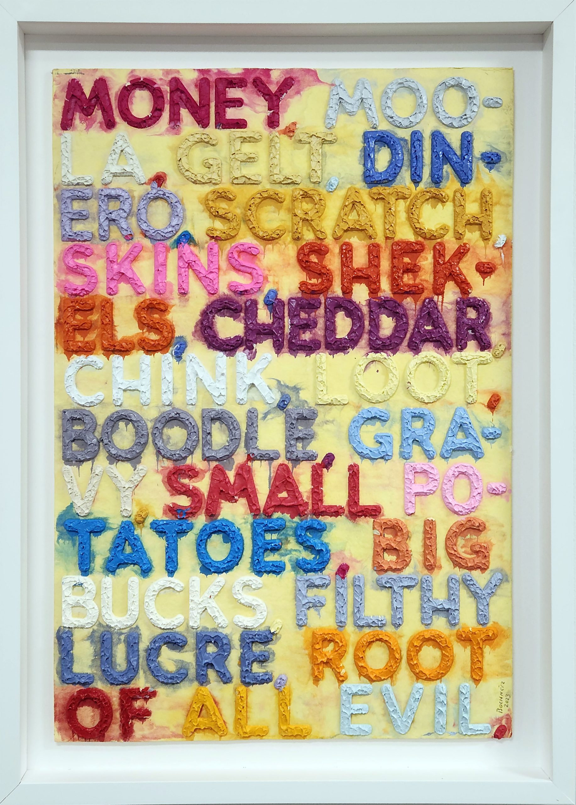 "Money" monoprint in oil with collage, engraving and embossment on handmade paper by artist Mel Bochner