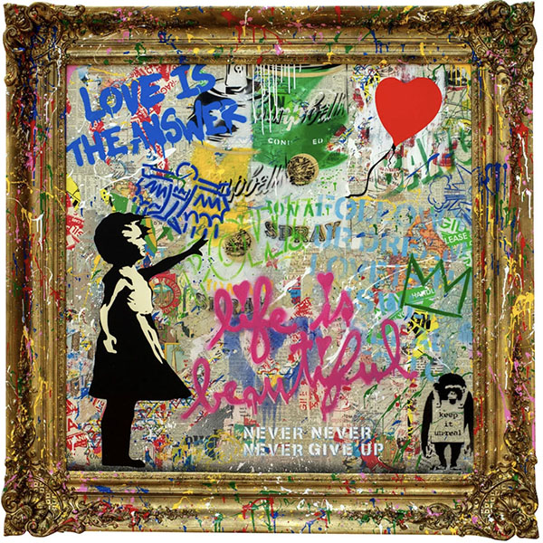 "Balloon Girl" silkscreen and mixed media on canvas with splashed frame artwork by Mr. Brainwash