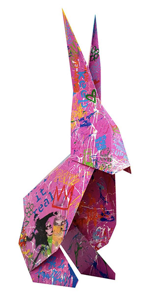 "Imagiro - Bunny" stencil and mixed media on painted steel sculpture by artist Mr. Brainwash