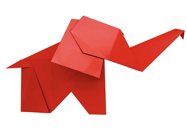 "Imagiro Elephant - Red" stainless steel sculpture by artist Mr. Brainwash
