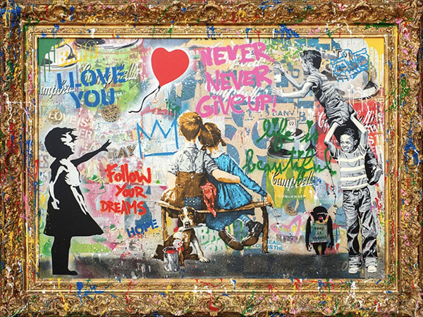 "Pop Wall" silkscreen and mixed media on canvas with splashed frame artwork by Mr. Brainwash