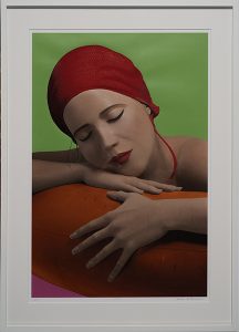 "Serena with Cap (Green)" archival mixed media print by artist Carole Feuerman